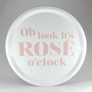 Bricka rund 31 cm, Rose o clock, vit/rosa text