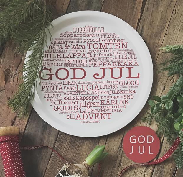 Bricka rund 31 cm, God Jul-ord, vit/röd text