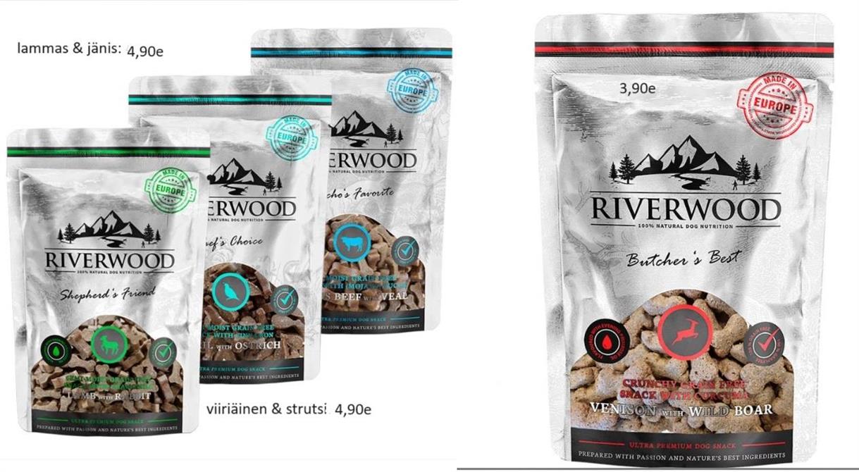 Riverwood puolikostea makupala viiriäinen & strutsi 4,90e; Riverwood rapea makupala peura & villisika 3,90e