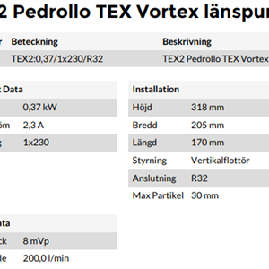 Pump Tex2 Vortex länspump Vertikalflottör 5m kabel