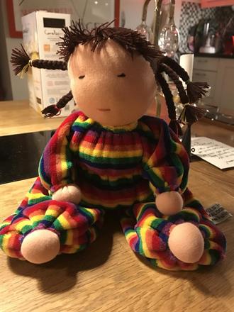 SOLD! Large Waldorf doll with light skin, brown dreadlocks and pride suit, about 28 cm