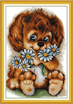 Korsttingsbroderi Hund med blomster, 36*50cm (DA745)