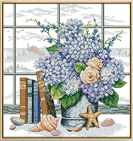 Korsttingsbroderi, Blå blomster 42*43cm (J208)