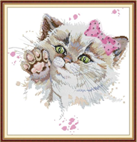 Broderi korssting, Katt m/rosa sløyfe 43*45cm (DA473)