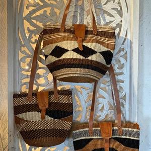 Sisal Väska med Läder Kenya bl. mönster (3 pack)