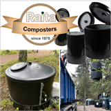 Raita composters for biowaste, sludge composting. Wide range of models from domestic needs to larger public use. Types single-, twin- and  deep-composters. 