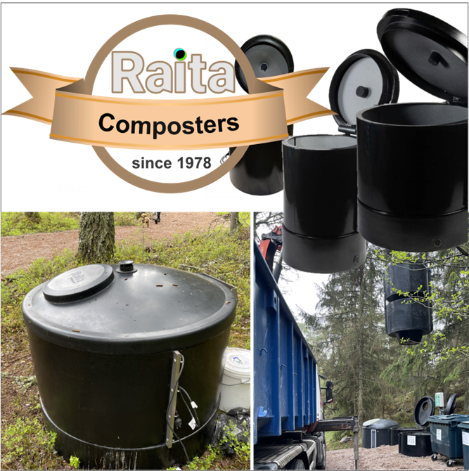 Raita komposterare för bioavfall, slamkompostering. Brett utbud av modeller från hushållsbehov till större offentlig användning. Typer single-, twin- och deep-komposterare.